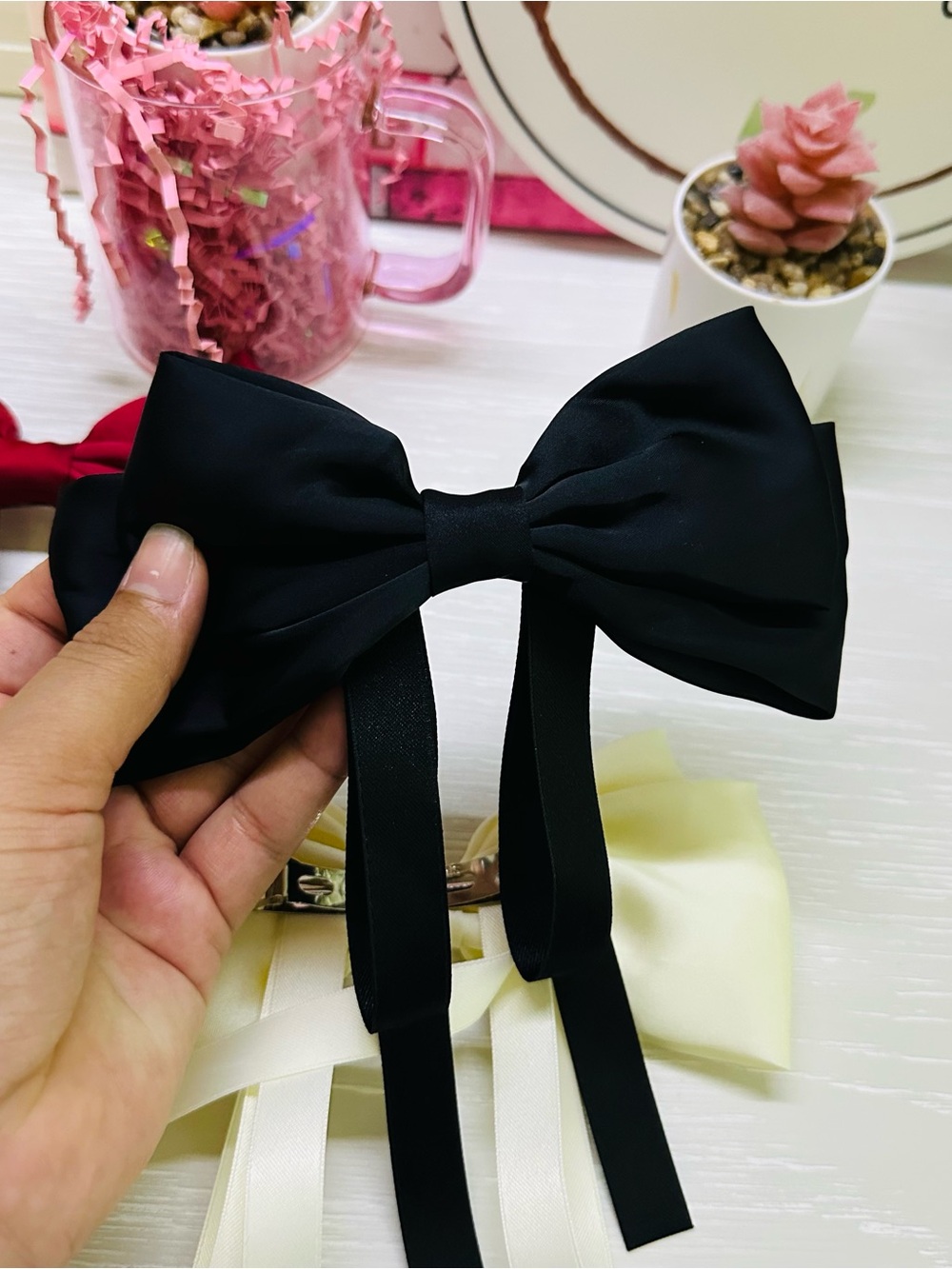 (Pack-3) Satin Bow Hair Clip - Ivory, Black, Burgundy - Picture 4 of 5
